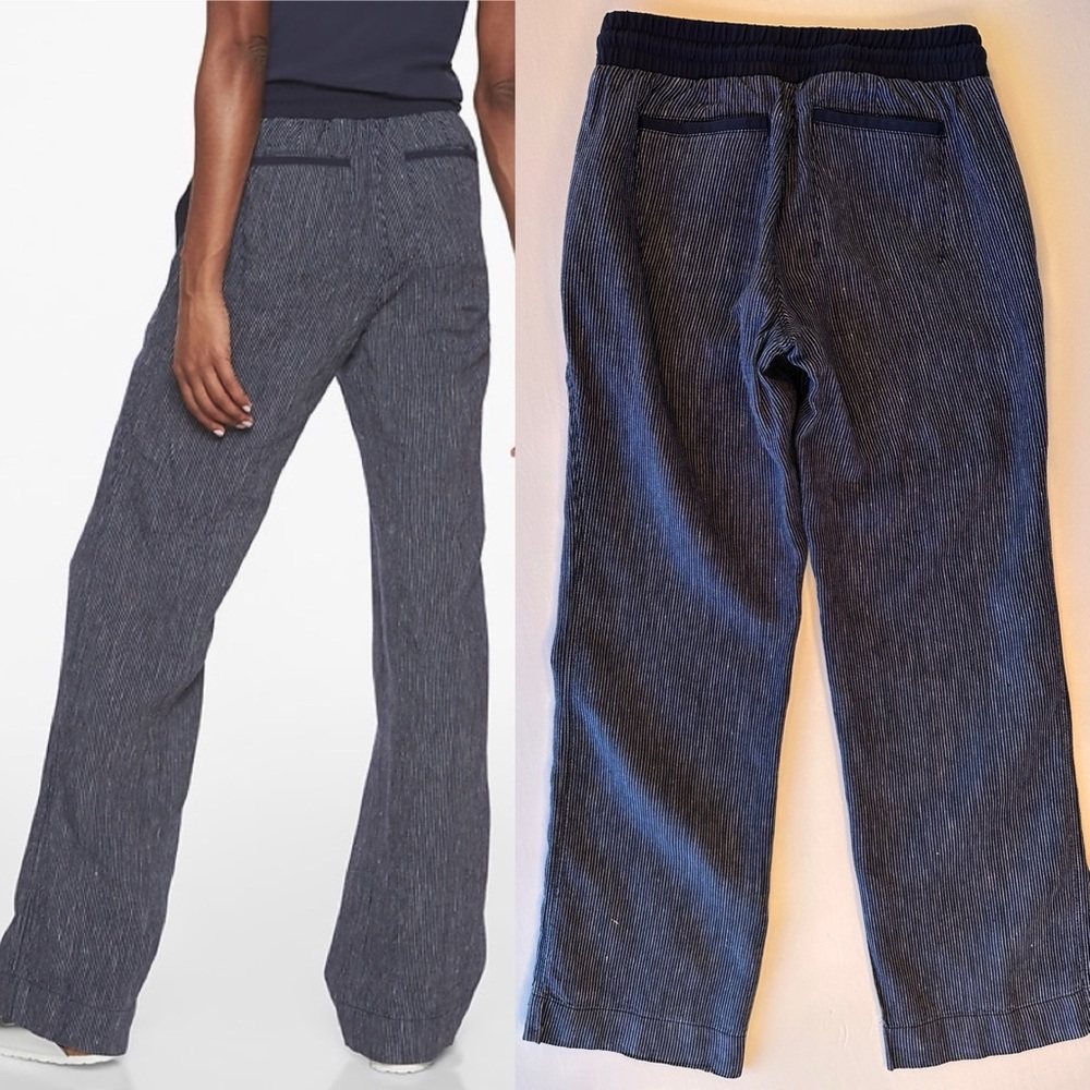 ATHLETA Bali 100% Linen Pull On Pants Womens Size 4 Navy Stripe Nautical Coastal - Picture 2 of 15